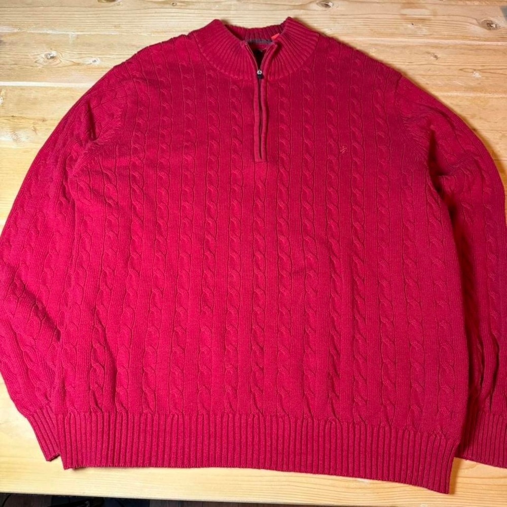 IZOD Mens XXL Red Cable Knit Quarter Zip Pullover Sweater Mock Neck Long Sleeve